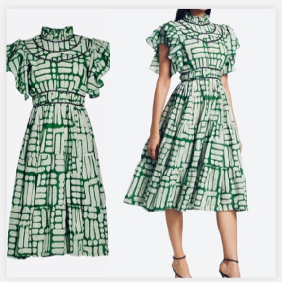 Busayo Dress Green & White Print Midi Ruffle High Neck Short Sleeve Size Small - Picture 1 of 15